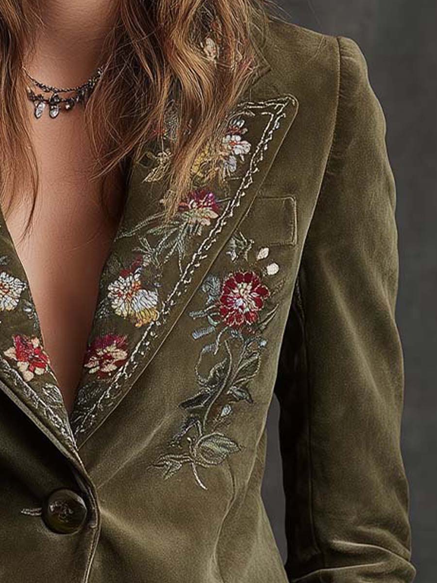 Olive Green Velvet Blazer With Intricate Floral Embroidery - Image 4