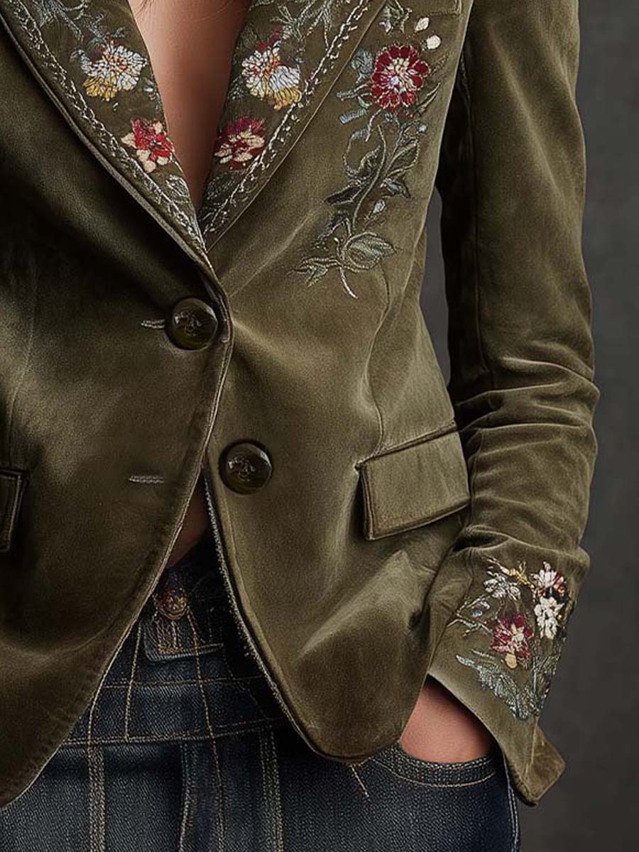 Olive Green Velvet Blazer With Intricate Floral Embroidery - Image 5