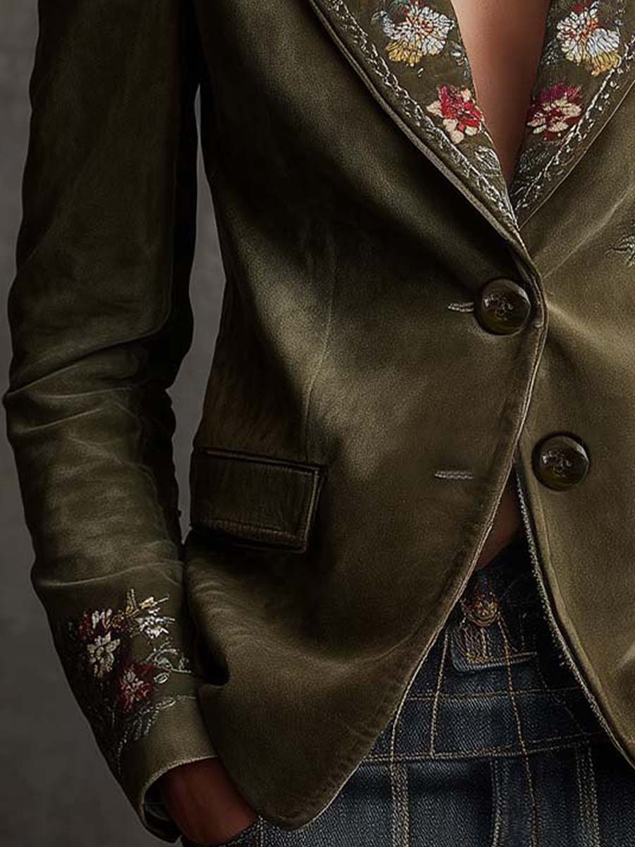 Olive Green Velvet Blazer With Intricate Floral Embroidery - Image 6