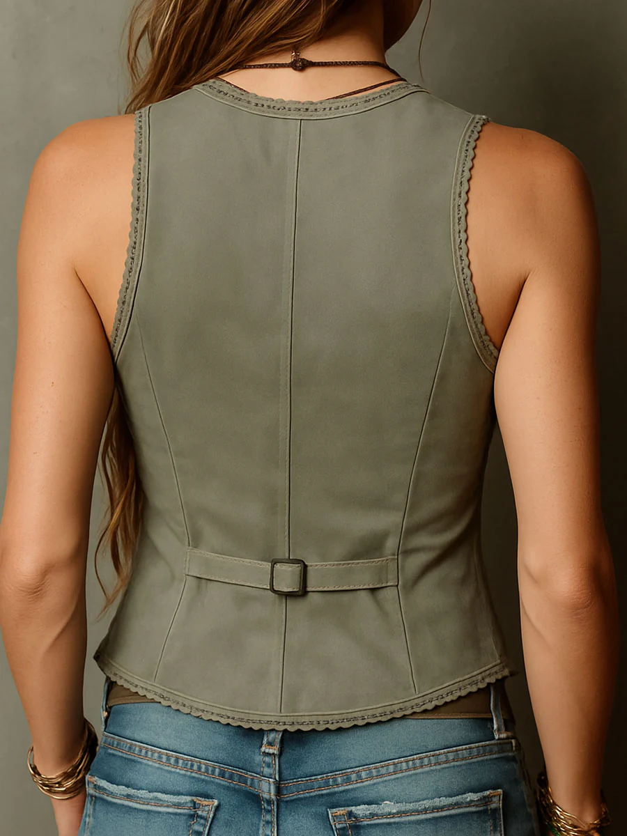 Olive Suede Boho Embroidered Corset Vest With Lace Trim - Image 3