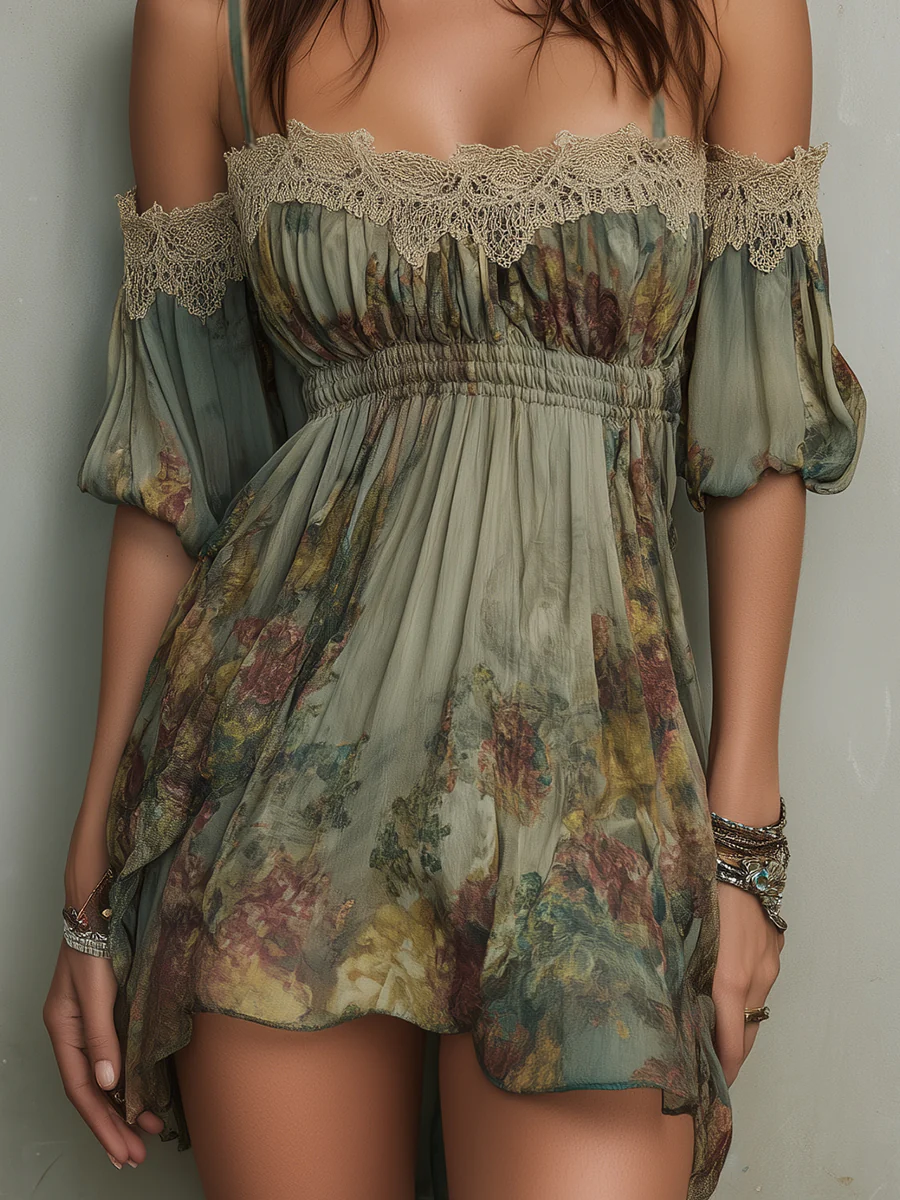 One-shoulder Lace Trimmed Waist Gathered Mini Dress - Image 2