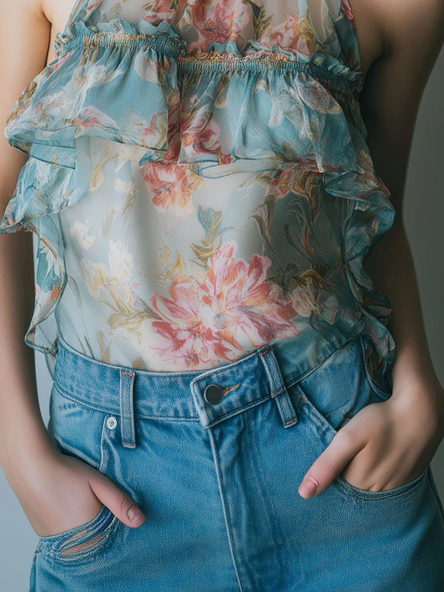 Pastel Blue High-Neck Floral Ruffled Chiffon Halter Blouse - Image 3