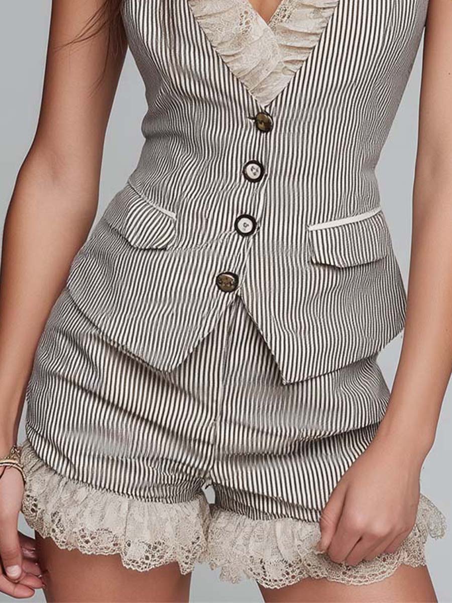 Pinstripe Tailored Vest & Shorts Set With Lace Trim - Image 5