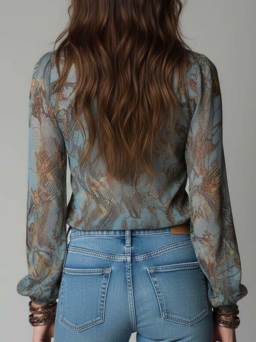 Printed Ruffled Zip-Front Chiffon Blouse – Mist Blue Snake Floral - Image 4