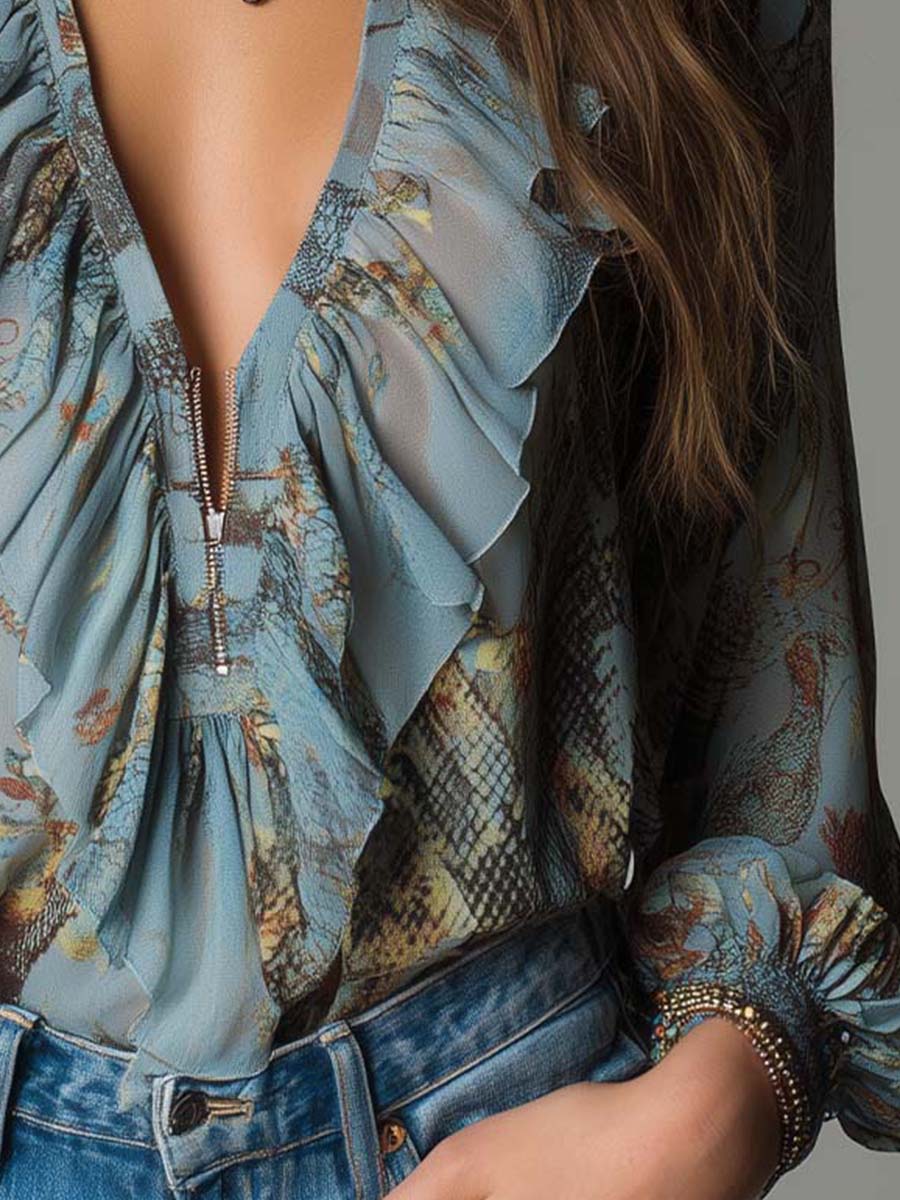 Printed Ruffled Zip-Front Chiffon Blouse – Mist Blue Snake Floral - Image 5