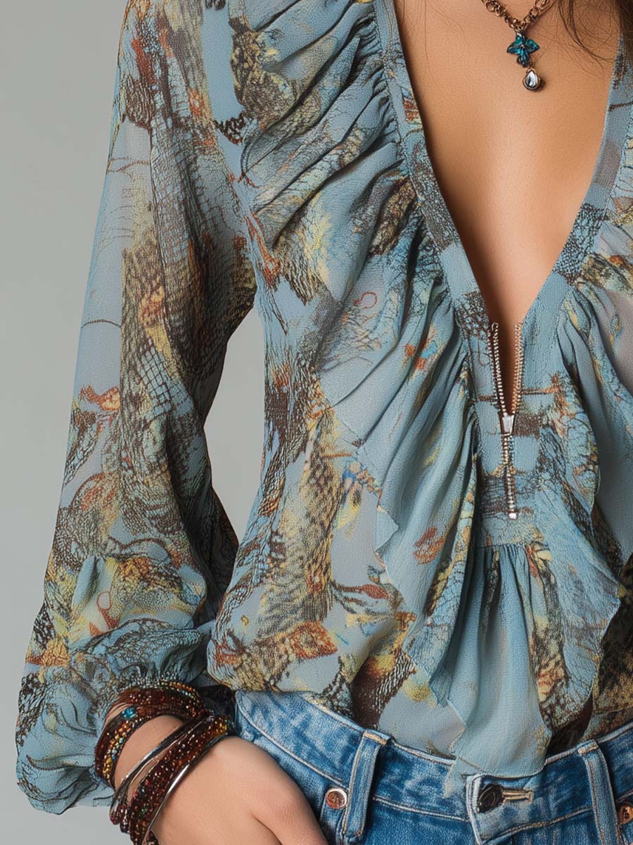 Printed Ruffled Zip-Front Chiffon Blouse – Mist Blue Snake Floral - Image 7