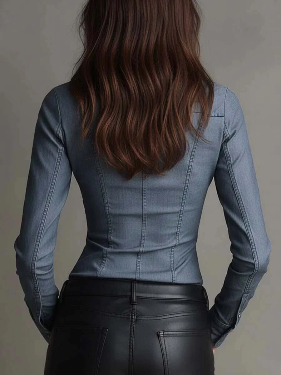 Tencel denim Fitted Shirt With Ruched Waist - Image 4