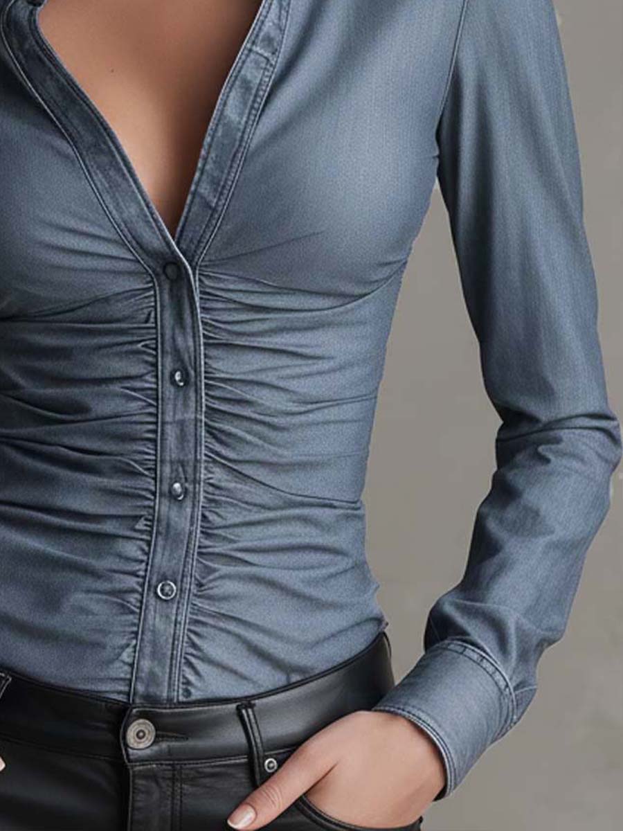 Tencel denim Fitted Shirt With Ruched Waist - Image 6