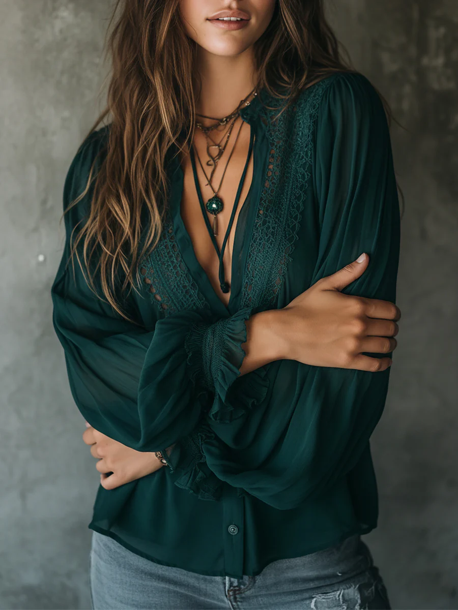 Quiet Luxury Chiffon Lace Splicing Tie Neckline Blouse - Image 2
