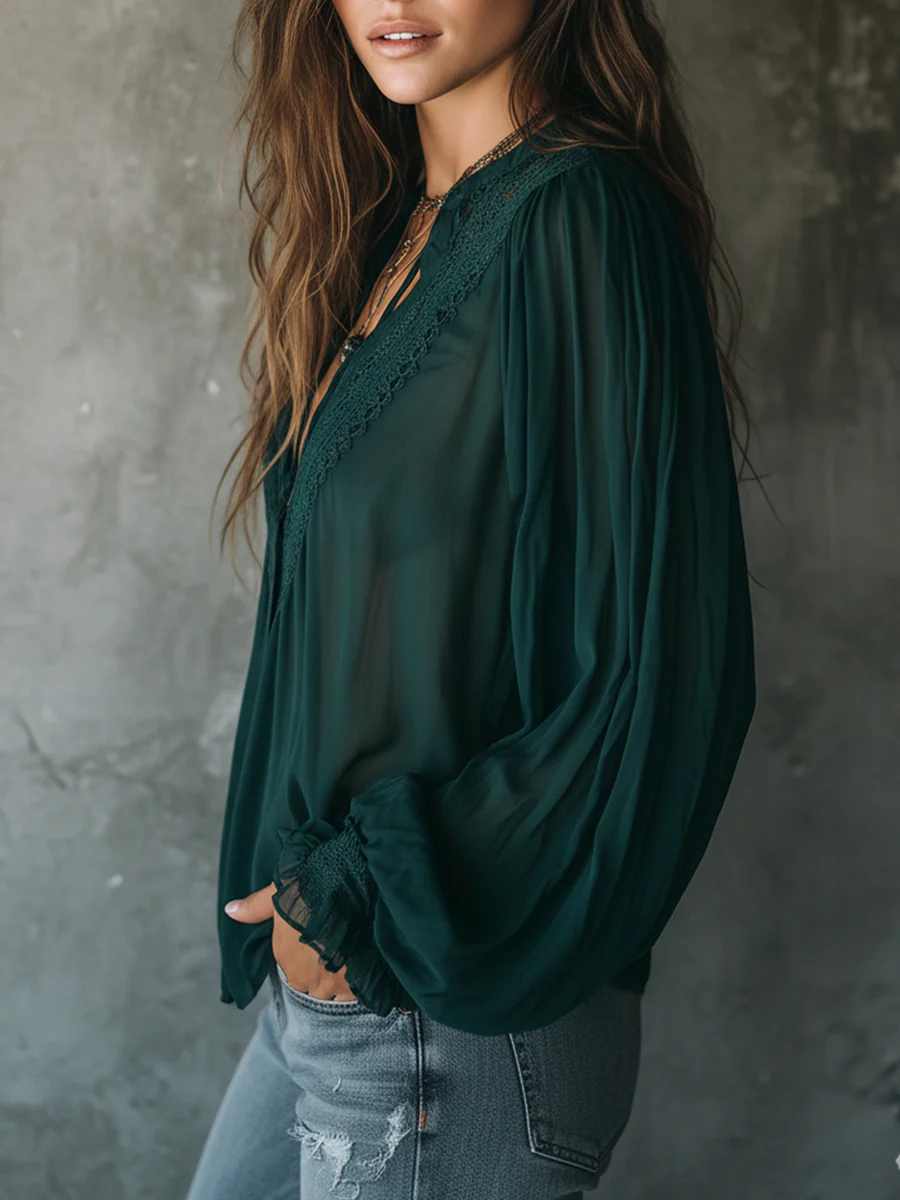 Quiet Luxury Chiffon Lace Splicing Tie Neckline Blouse - Image 3