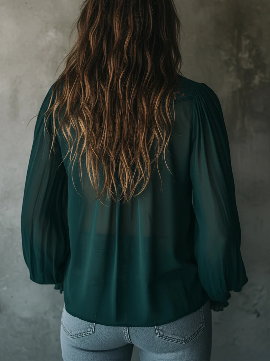 Quiet Luxury Chiffon Lace Splicing Tie Neckline Blouse - Image 4