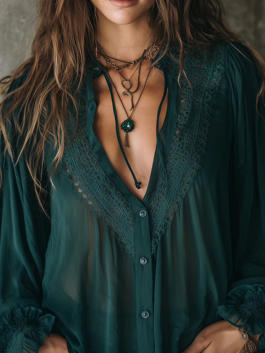 Quiet Luxury Chiffon Lace Splicing Tie Neckline Blouse - Image 5