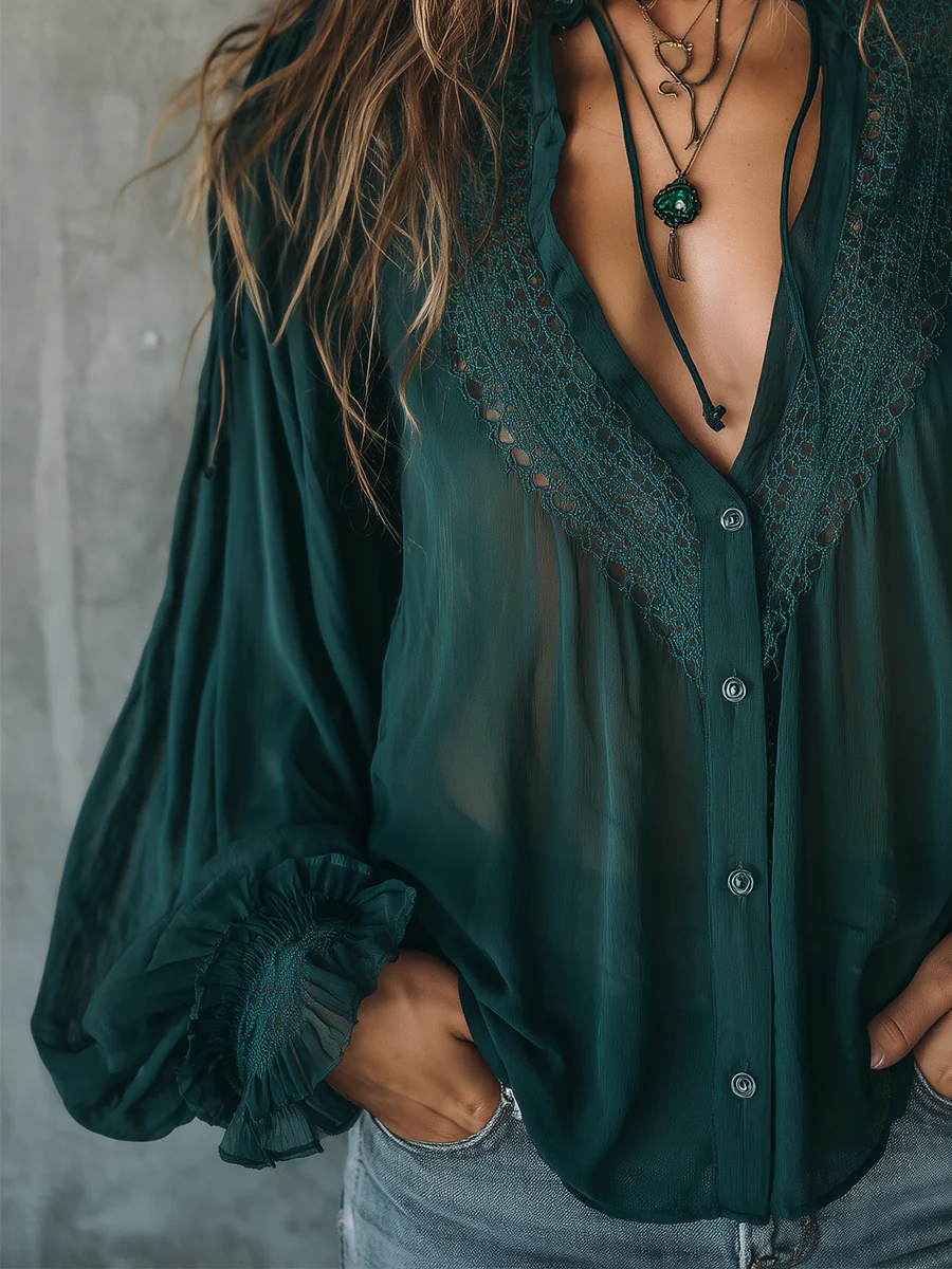 Quiet Luxury Chiffon Lace Splicing Tie Neckline Blouse - Image 6