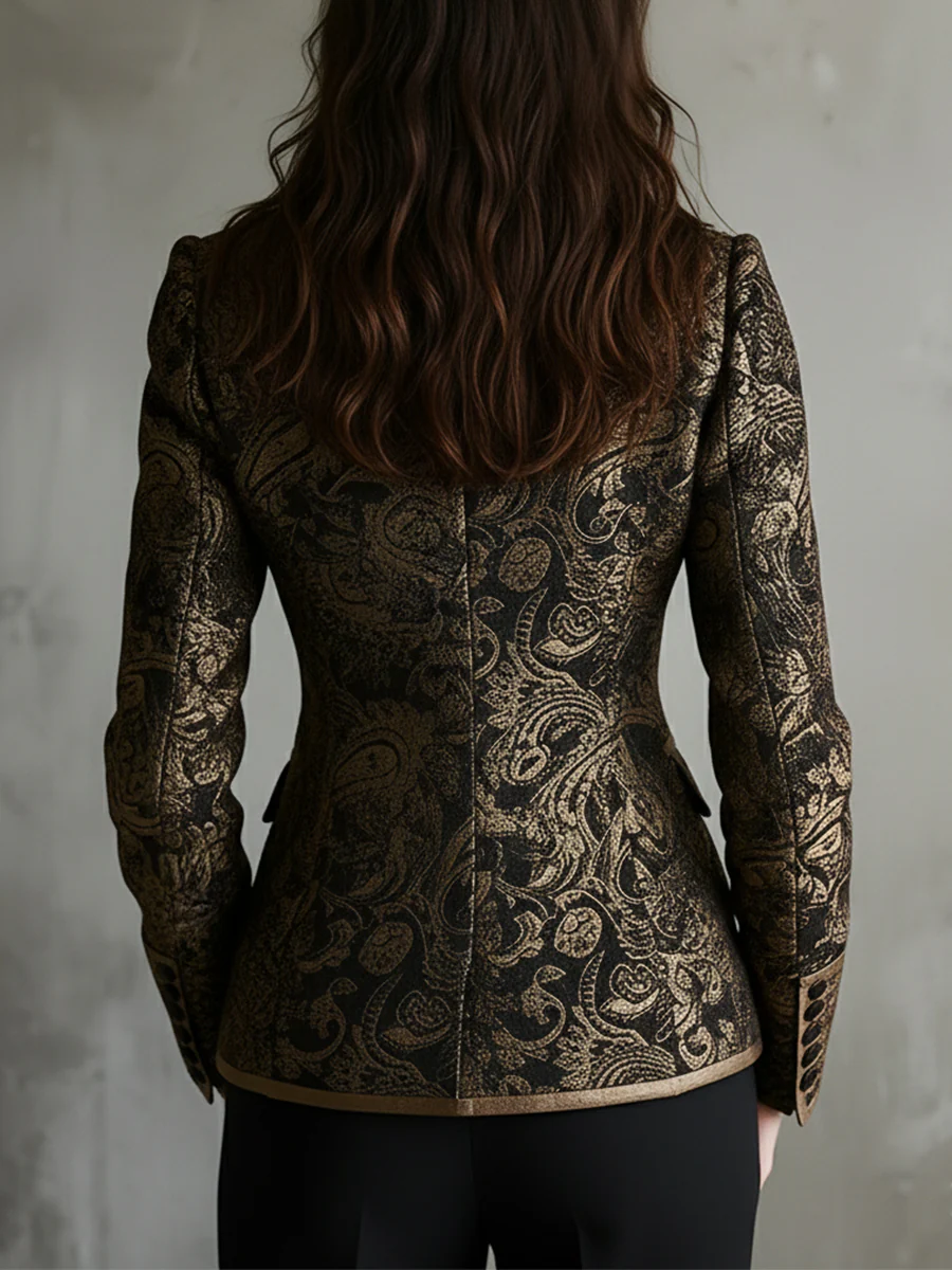 Quiet Luxury Paisley Jacquard Wrapped Lapels Fitted Blazer - Image 3