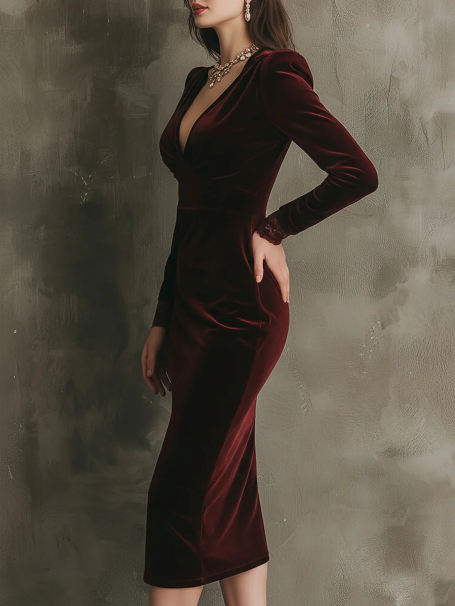 Quietly Luxurious And Elegant Lace Velvet Midi Dress - Image 3