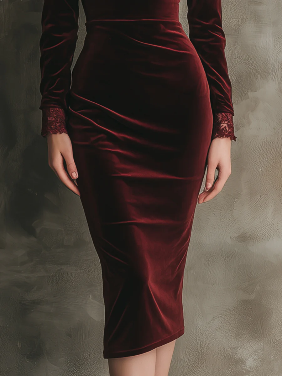 Quietly Luxurious And Elegant Lace Velvet Midi Dress - Image 6