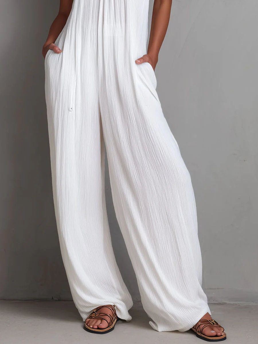 Resort White Pleated Halter Wide-Leg One-Piece Jumpsuit - Image 3