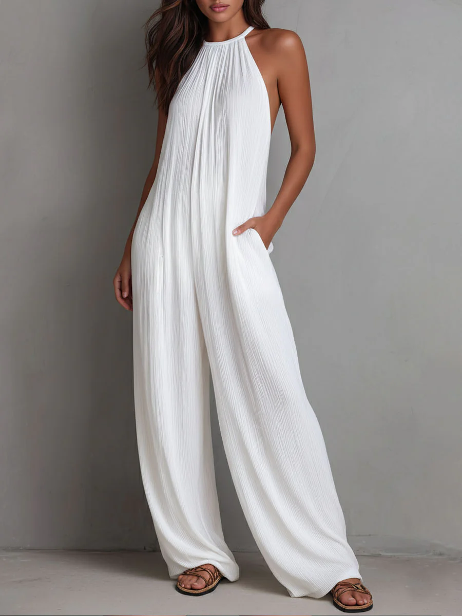 Resort White Pleated Halter Wide-Leg One-Piece Jumpsuit - Image 4