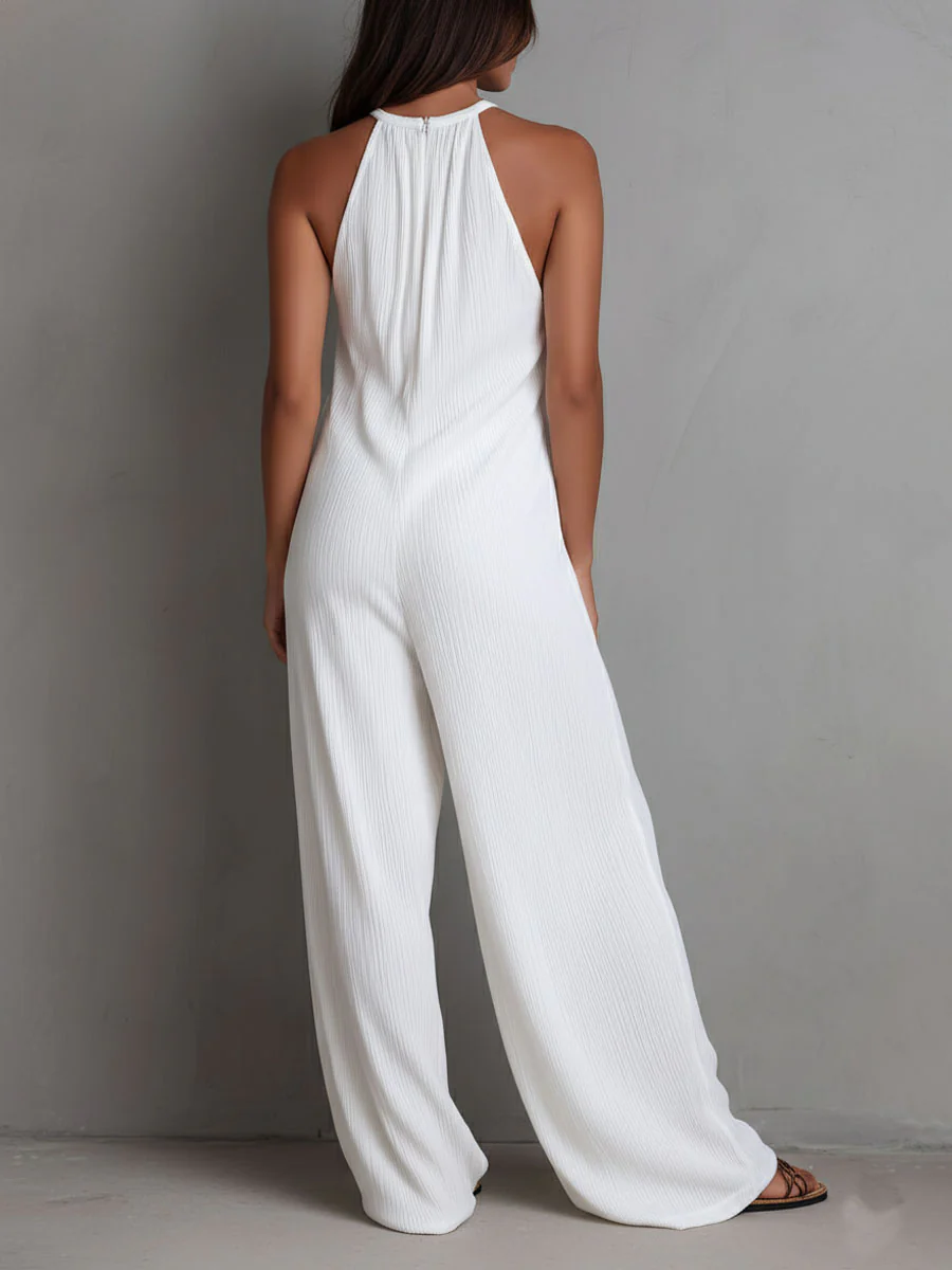 Resort White Pleated Halter Wide-Leg One-Piece Jumpsuit - Image 5