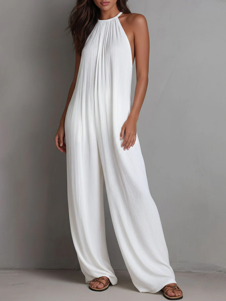 Resort White Pleated Halter Wide-Leg One-Piece Jumpsuit - Image 6
