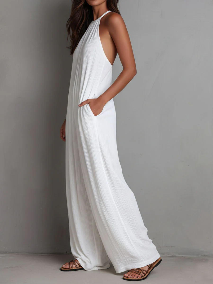 Resort White Pleated Halter Wide-Leg One-Piece Jumpsuit - Image 7