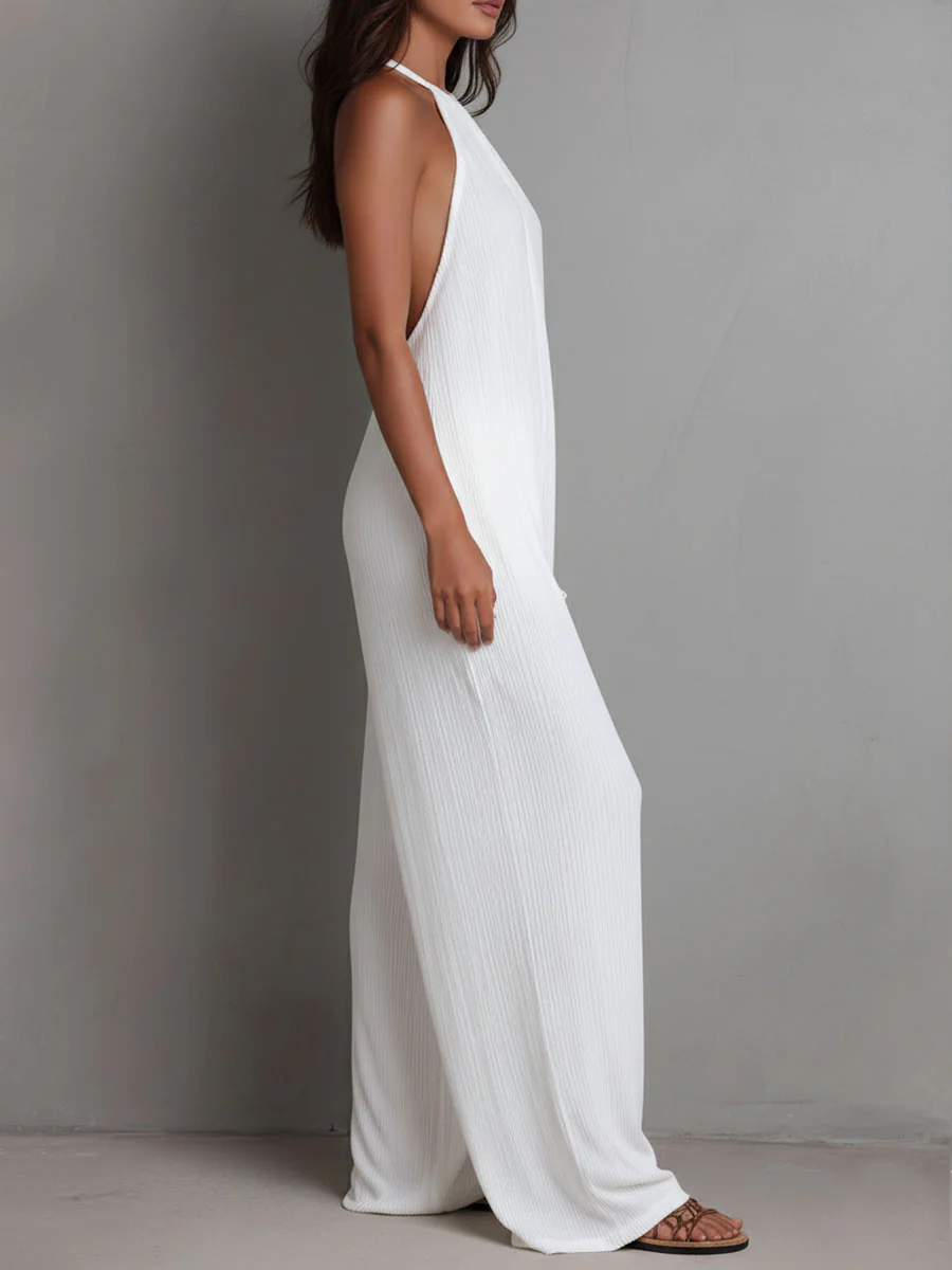 Resort White Pleated Halter Wide-Leg One-Piece Jumpsuit - Image 8