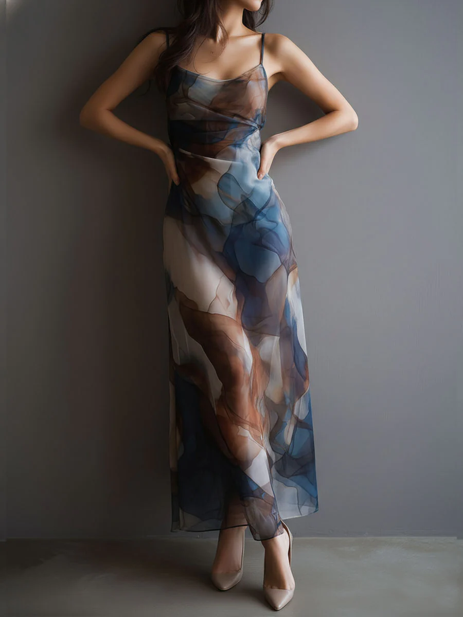 Retro Abstract Print Watercolor Chiffon Slip Maxi Dress - Image 2