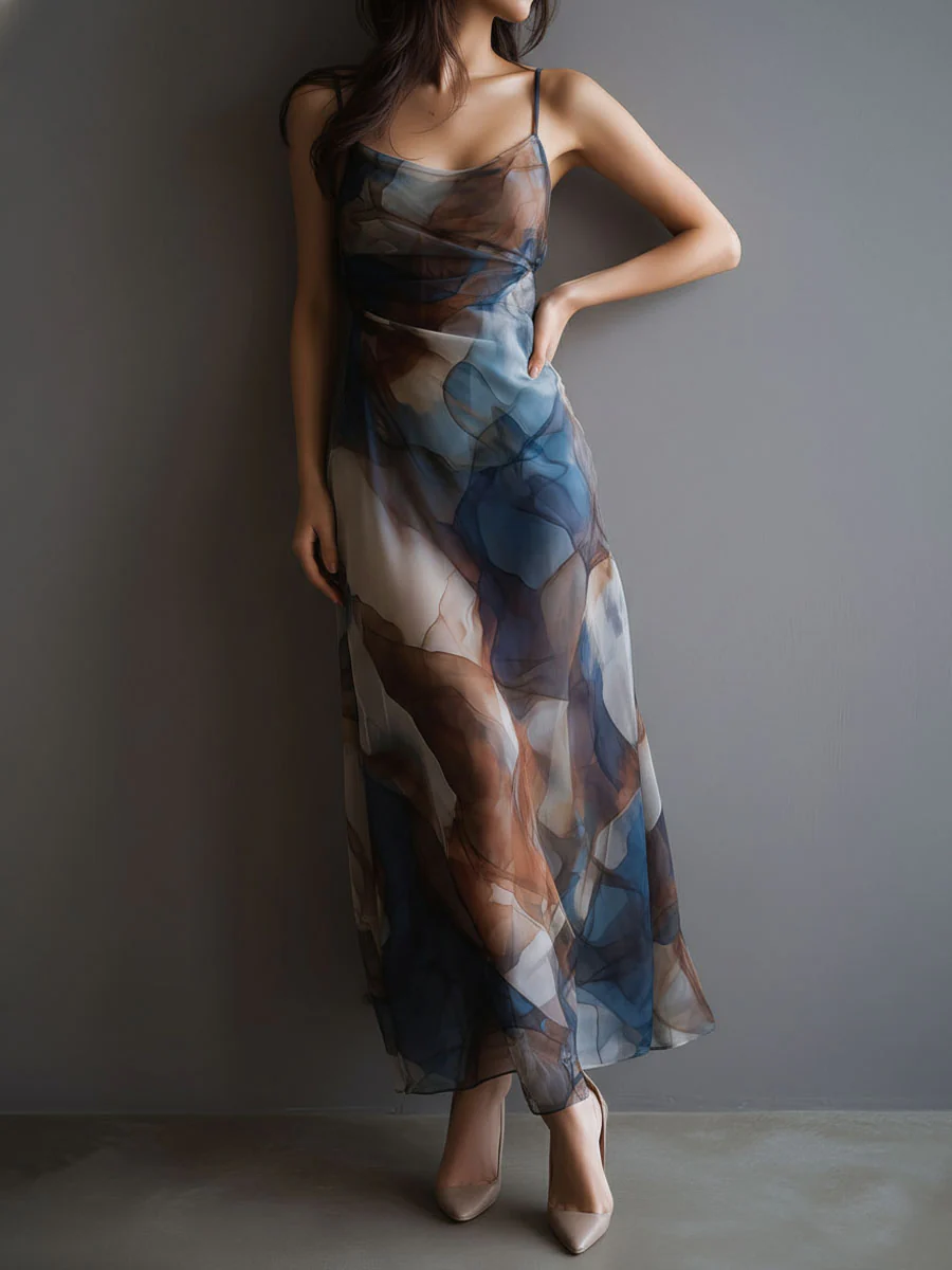 Retro Abstract Print Watercolor Chiffon Slip Maxi Dress - Image 3