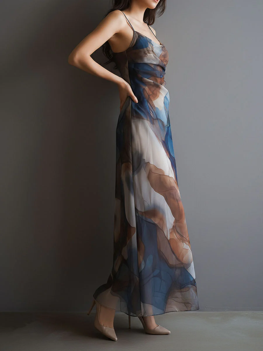 Retro Abstract Print Watercolor Chiffon Slip Maxi Dress - Image 4