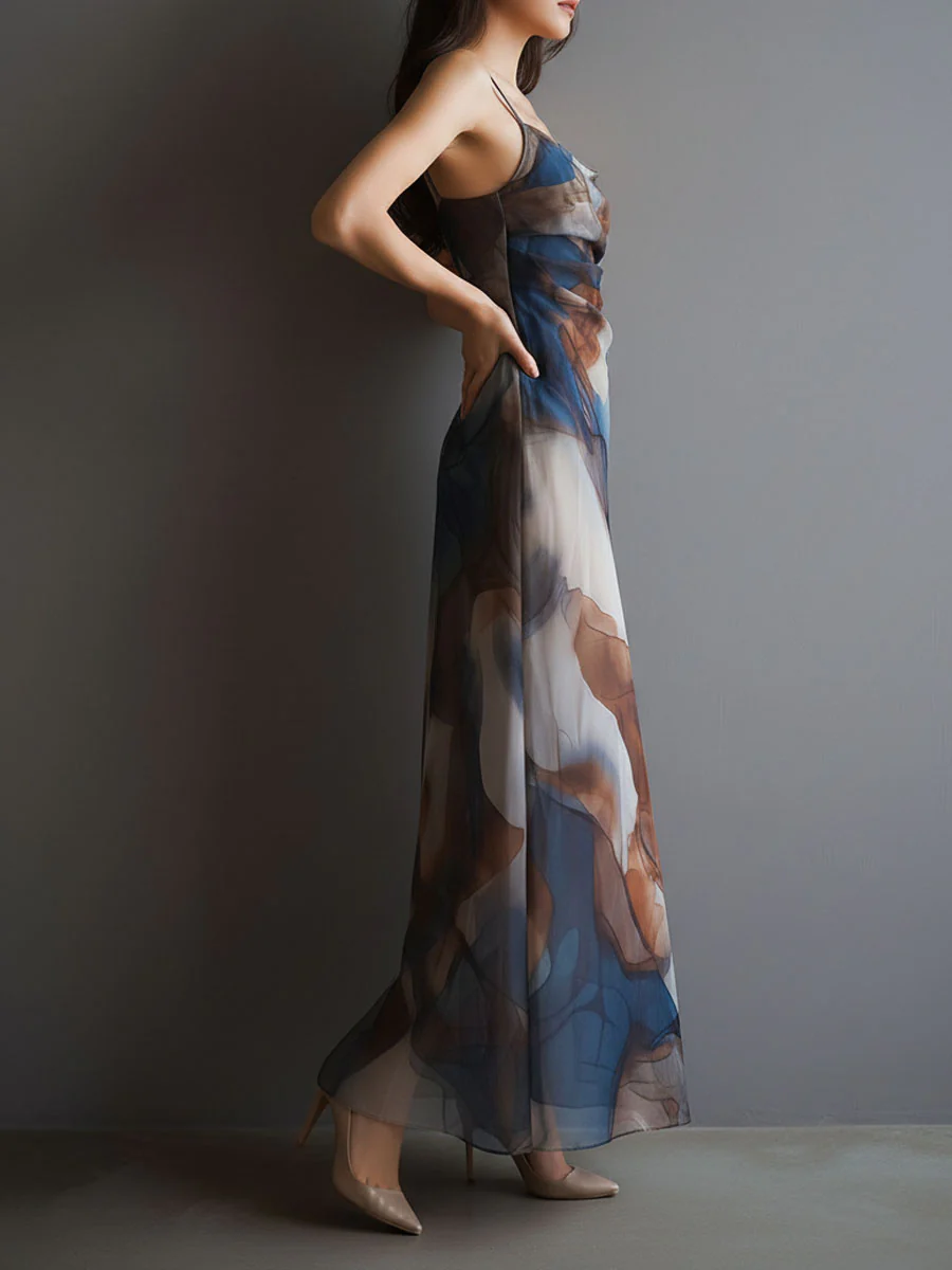 Retro Abstract Print Watercolor Chiffon Slip Maxi Dress - Image 5