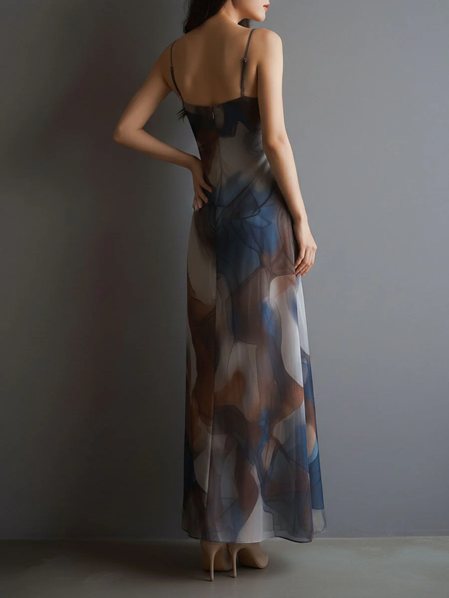 Retro Abstract Print Watercolor Chiffon Slip Maxi Dress - Image 6