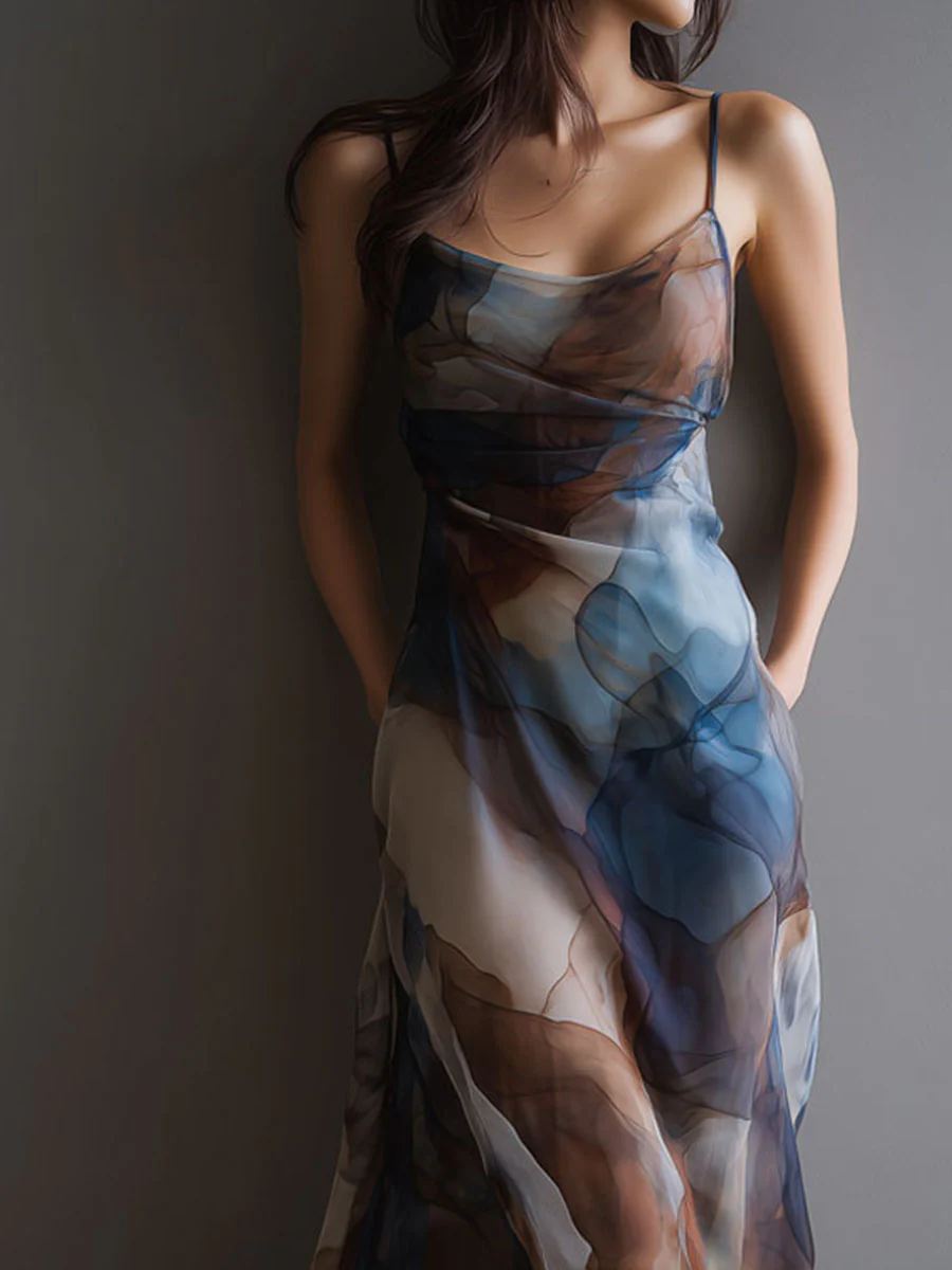 Retro Abstract Print Watercolor Chiffon Slip Maxi Dress - Image 7
