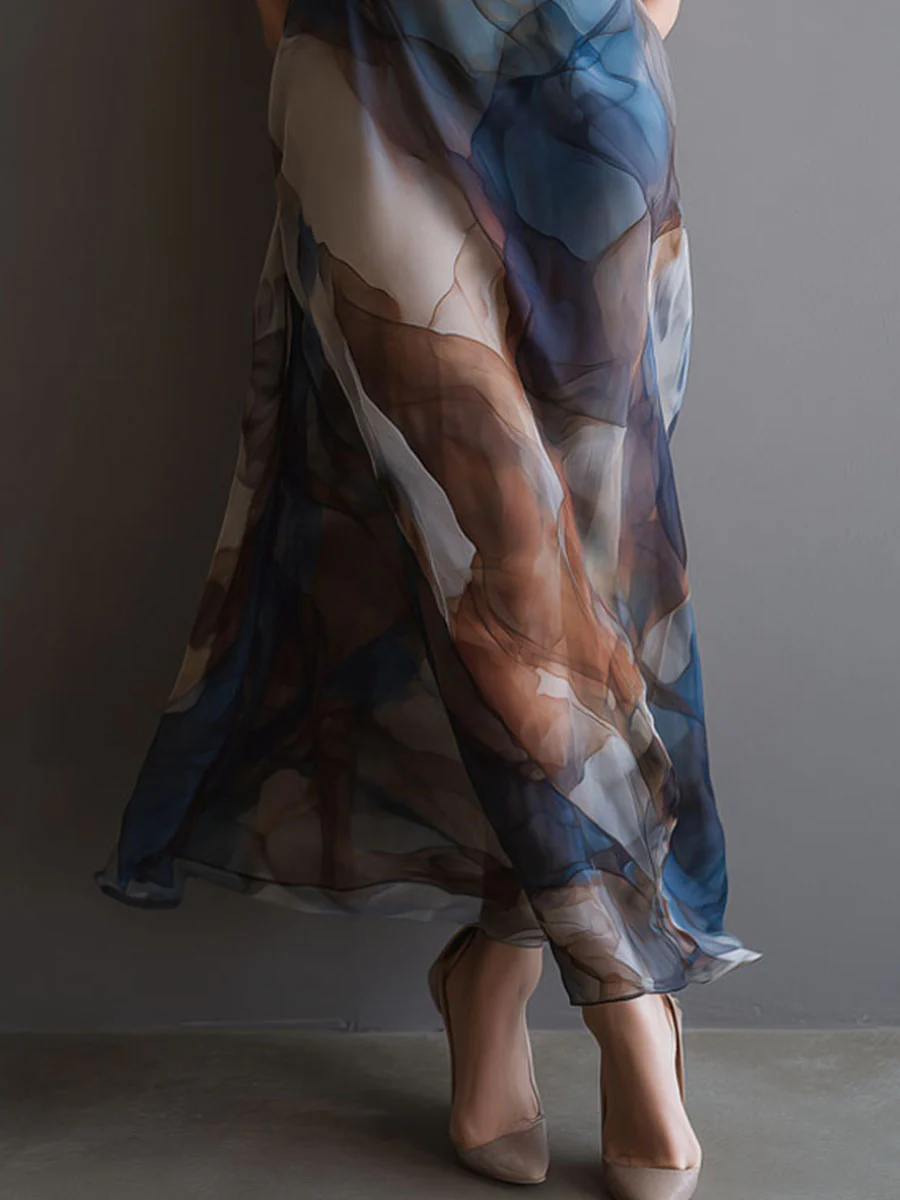 Retro Abstract Print Watercolor Chiffon Slip Maxi Dress - Image 8