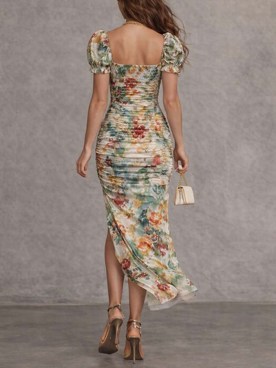 Retro And Elegant Floral Ruched Square-Neck Midi Dress - Image 3