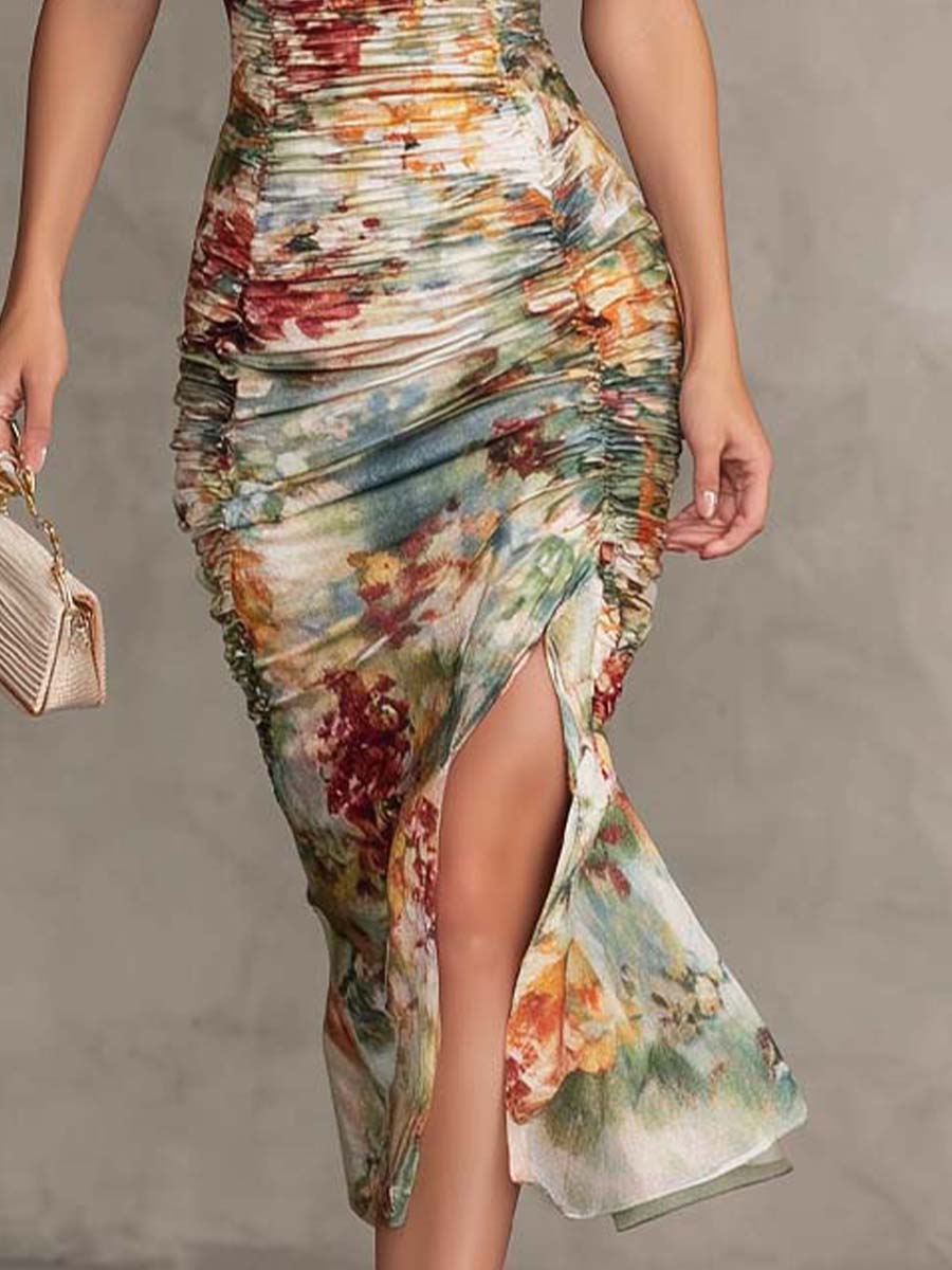 Retro And Elegant Floral Ruched Square-Neck Midi Dress - Image 5