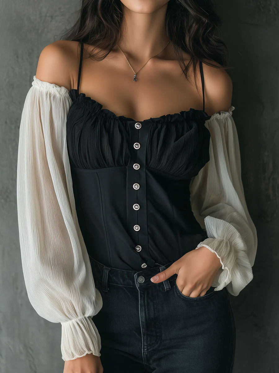 Retro Black Corset Blouse With Contrast Chiffon Sleeves