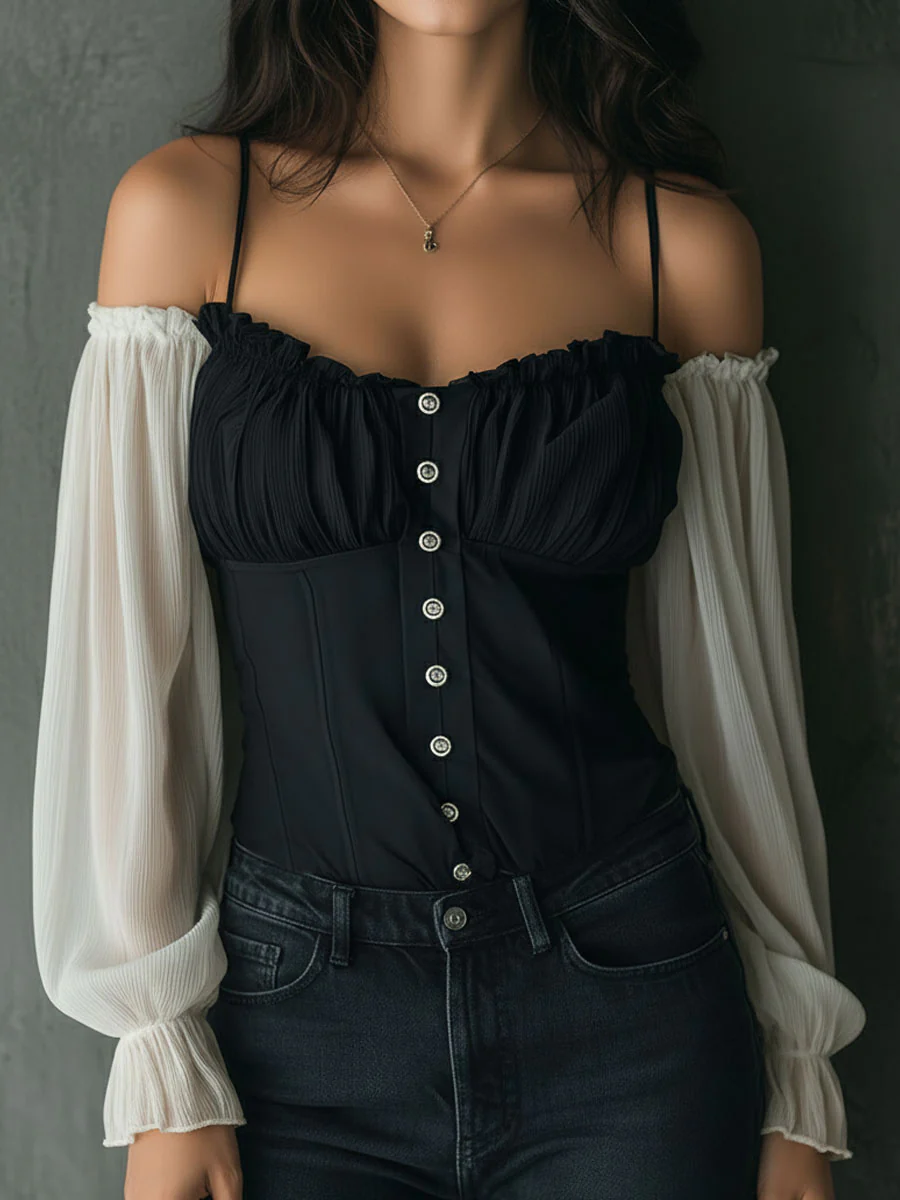 Retro Black Corset Blouse With Contrast Chiffon Sleeves - Image 3