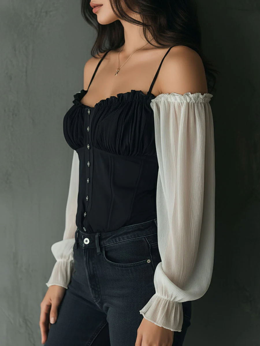 Retro Black Corset Blouse With Contrast Chiffon Sleeves - Image 4