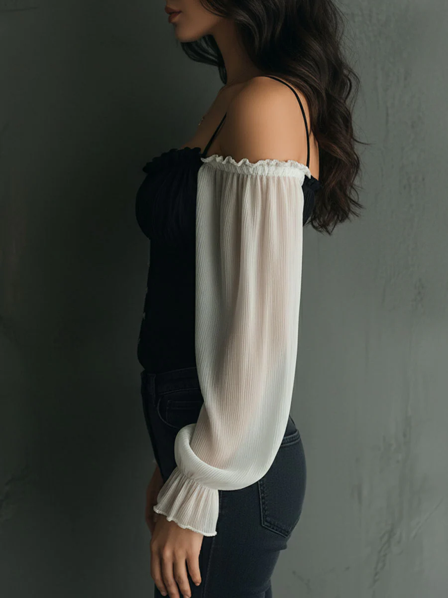 Retro Black Corset Blouse With Contrast Chiffon Sleeves - Image 5