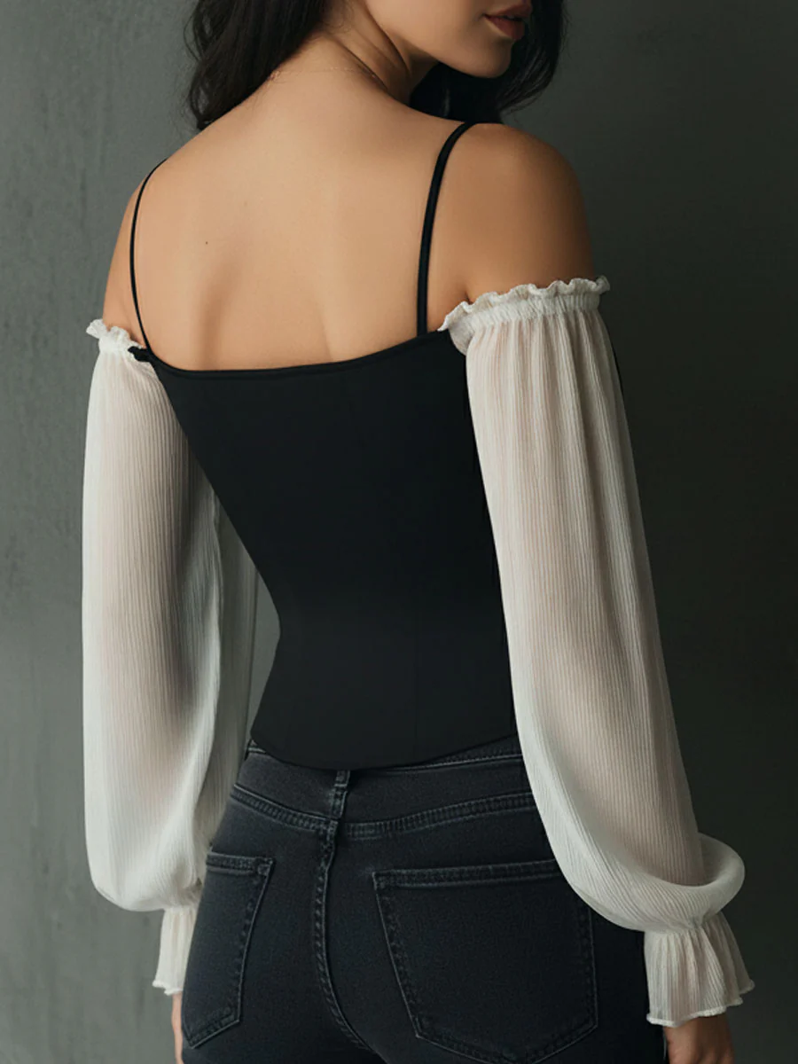 Retro Black Corset Blouse With Contrast Chiffon Sleeves - Image 6
