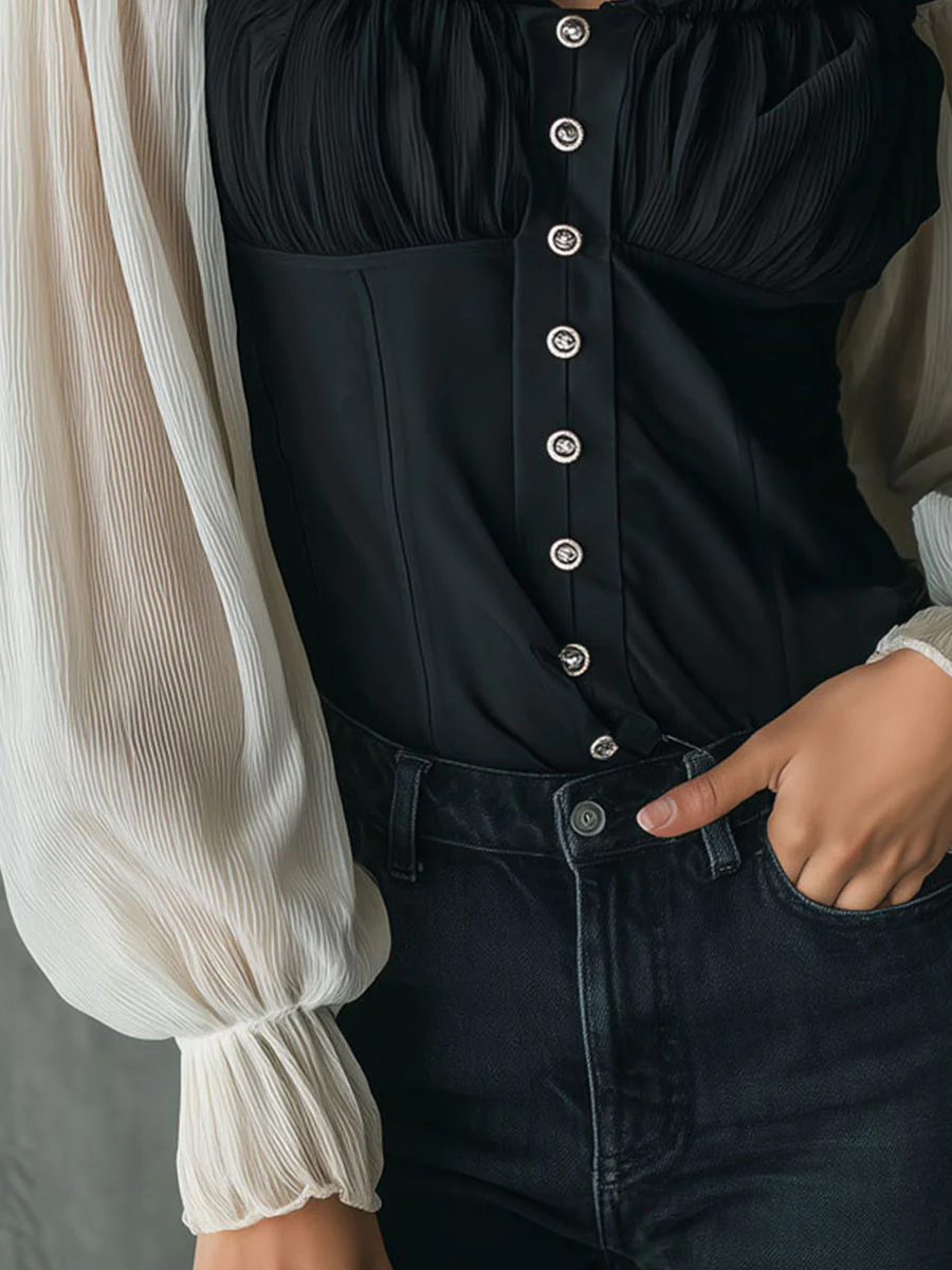 Retro Black Corset Blouse With Contrast Chiffon Sleeves - Image 8