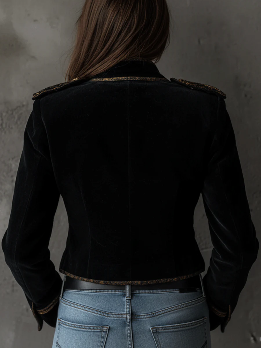 Retro Black Velvet Military Gold Button Detailing Blazer - Image 2