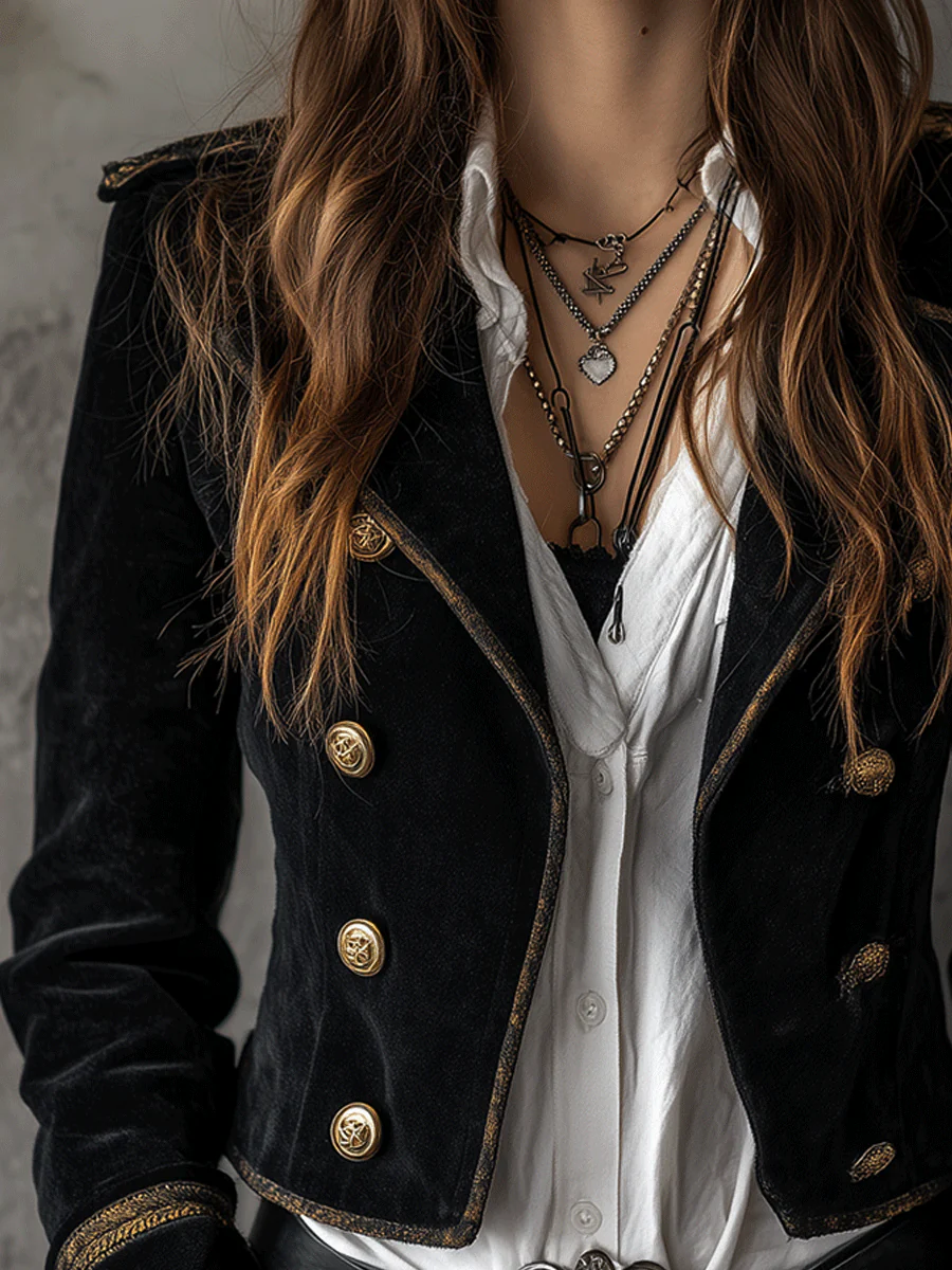 Retro Black Velvet Military Gold Button Detailing Blazer - Image 3