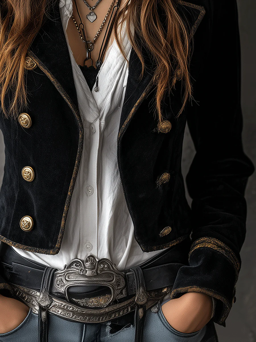 Retro Black Velvet Military Gold Button Detailing Blazer - Image 4