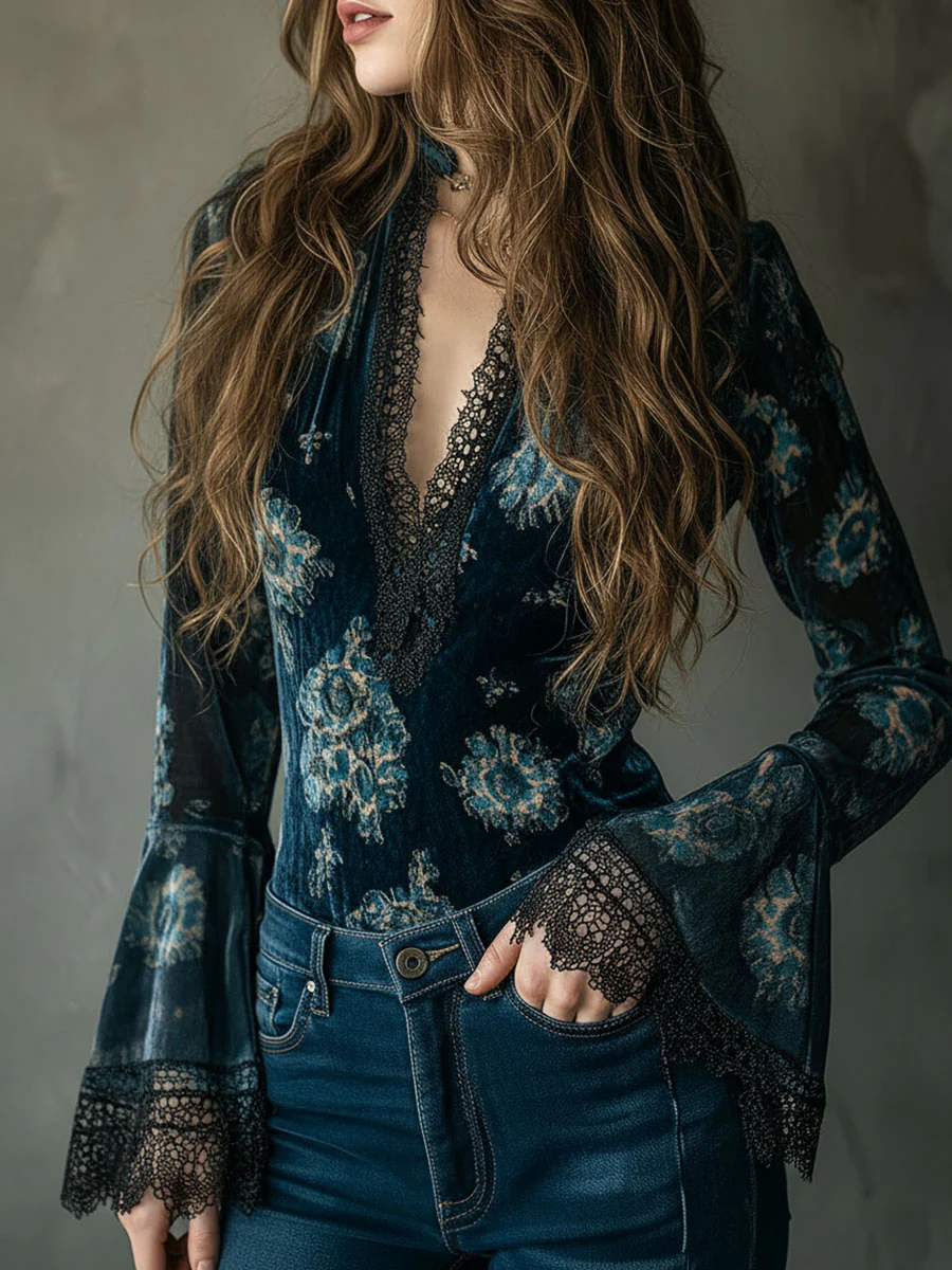 Retro Blue Floral Velvet Lace Blouse With Bell Sleeves - Image 3