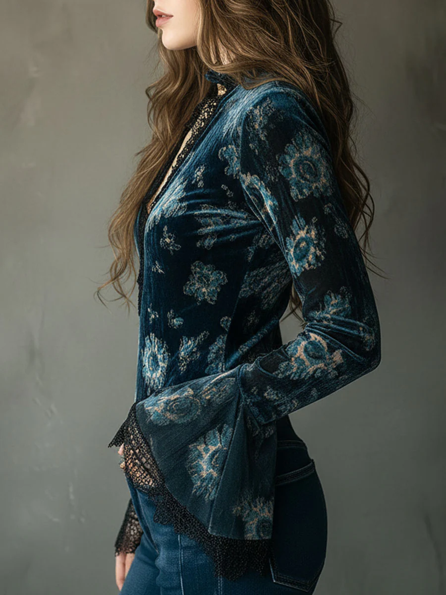 Retro Blue Floral Velvet Lace Blouse With Bell Sleeves - Image 4