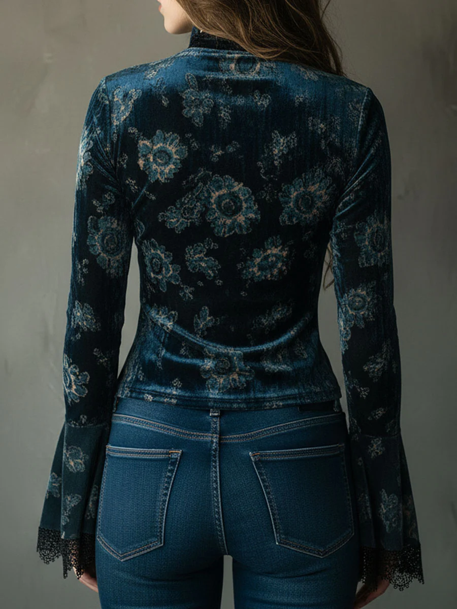 Retro Blue Floral Velvet Lace Blouse With Bell Sleeves - Image 5