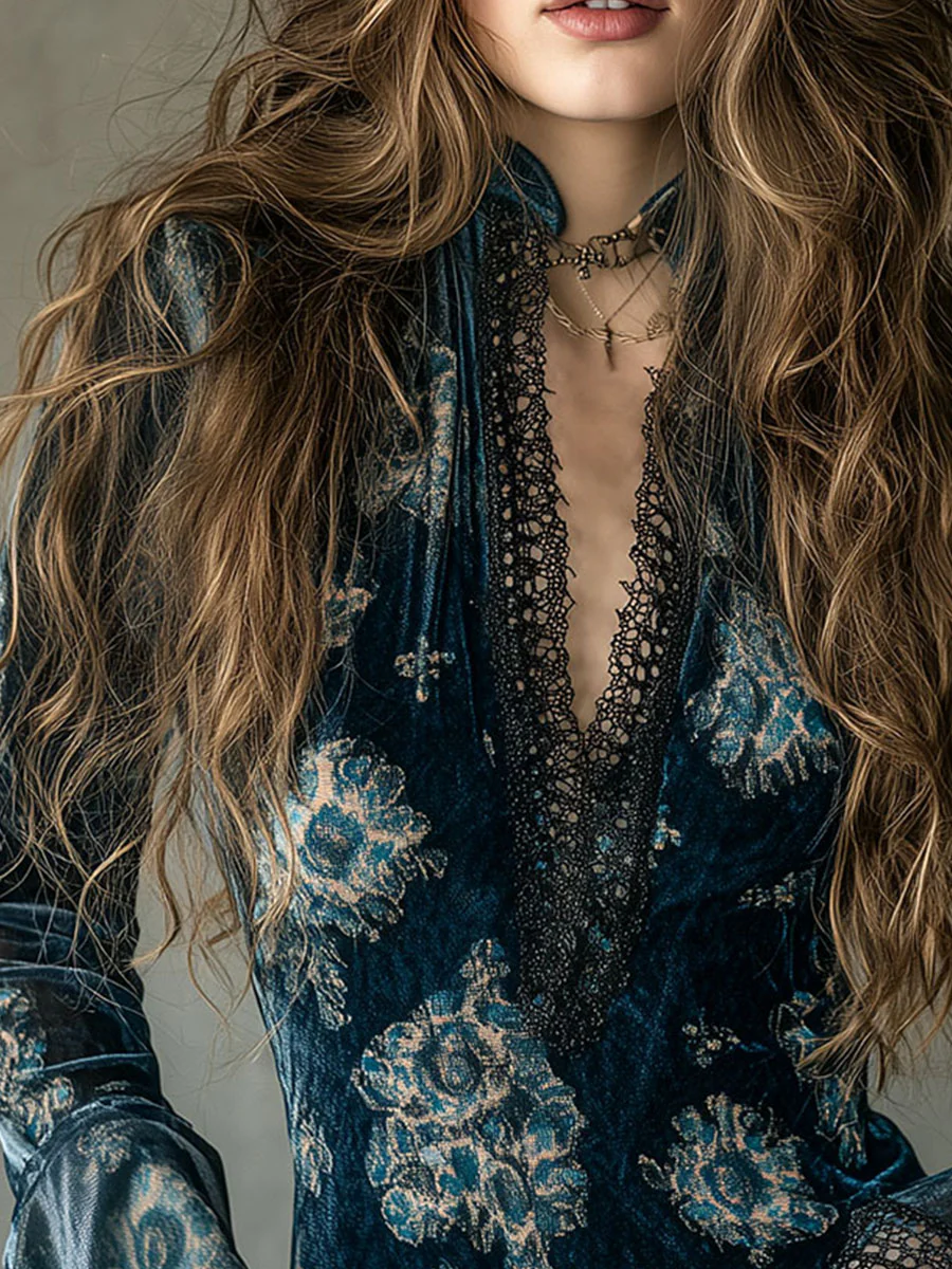 Retro Blue Floral Velvet Lace Blouse With Bell Sleeves - Image 6