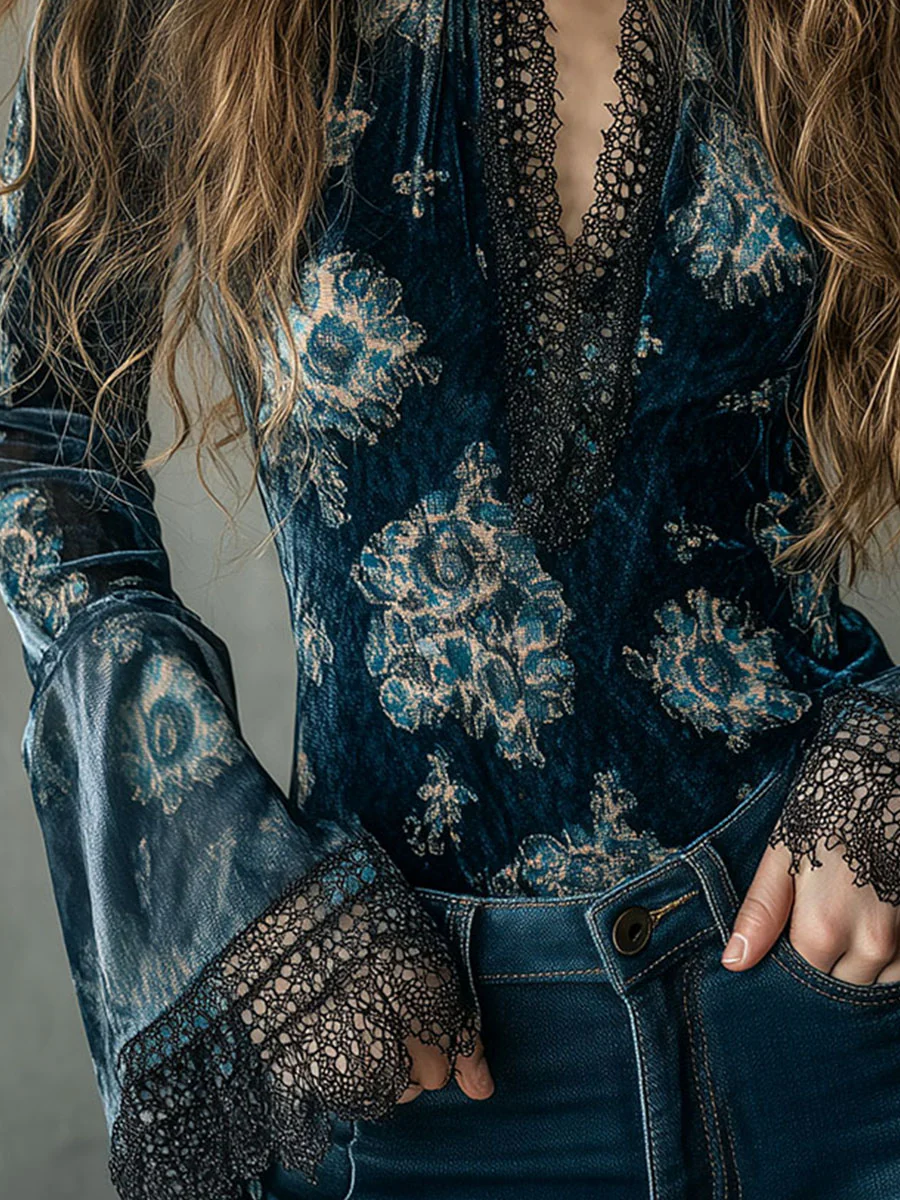 Retro Blue Floral Velvet Lace Blouse With Bell Sleeves - Image 7