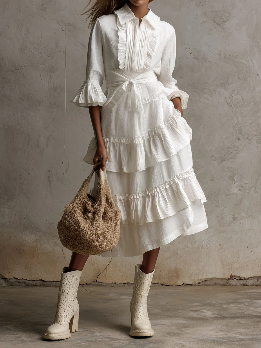 Retro Boho Ivory Bloom Ruffled Tiered Shirt Dress